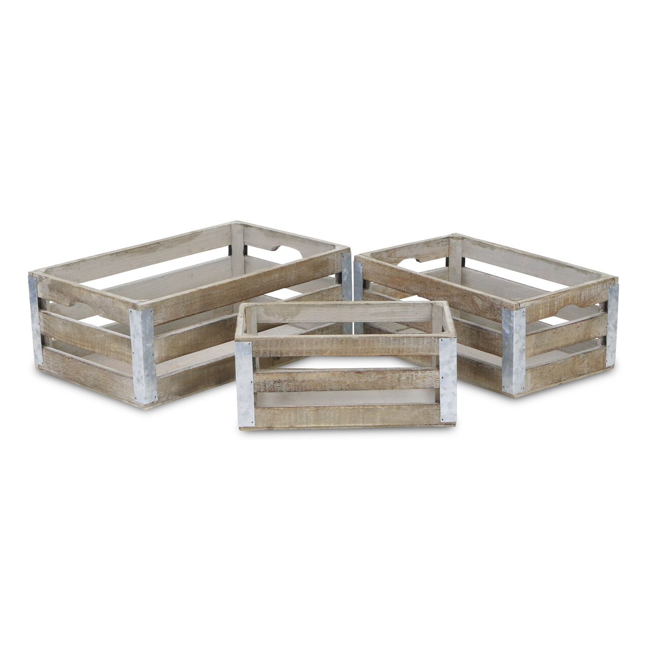 Contemporary Home Living Set of 3 Brown and Gray Slatted Handmade Storage Crates 14.5"